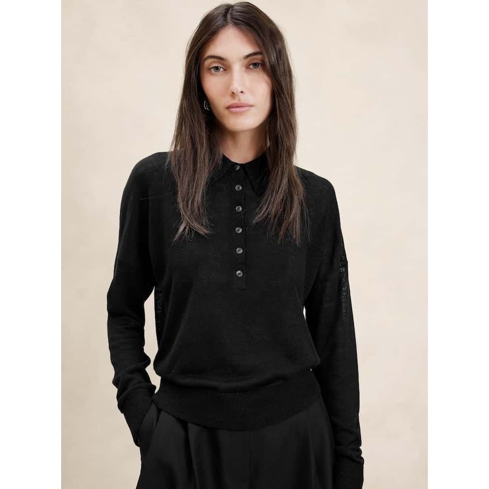 Banana Republic | 2024 Fern Linen-Blend Polo M Black Long Sleeve Johnny Collar
